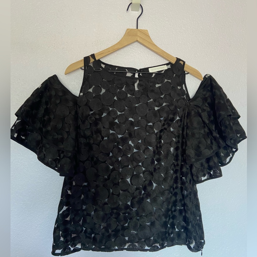 Cold shoulder sheer blouse with ruffled sleeves